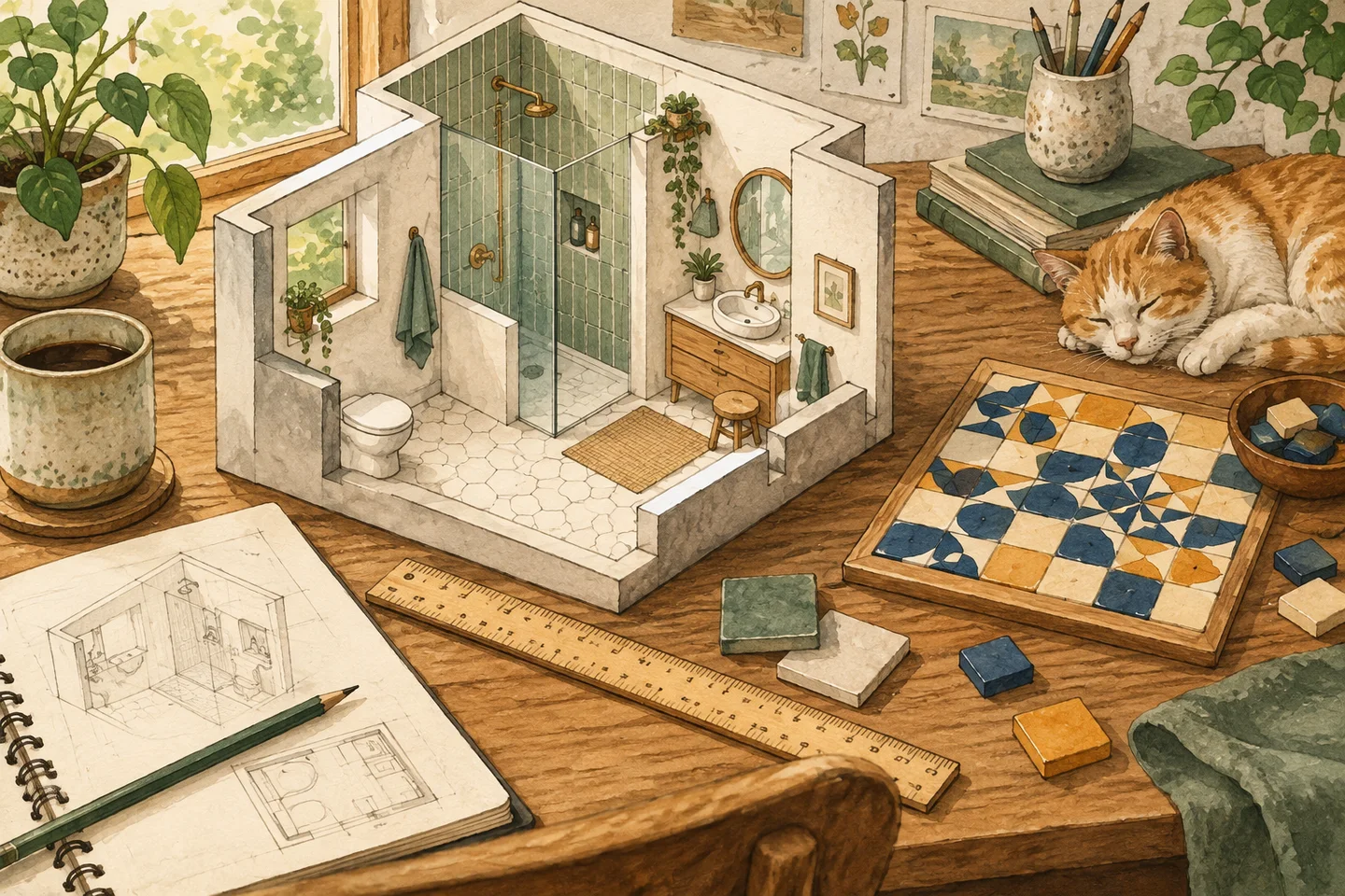 Illustration of a bathroom model and tile game on a desk