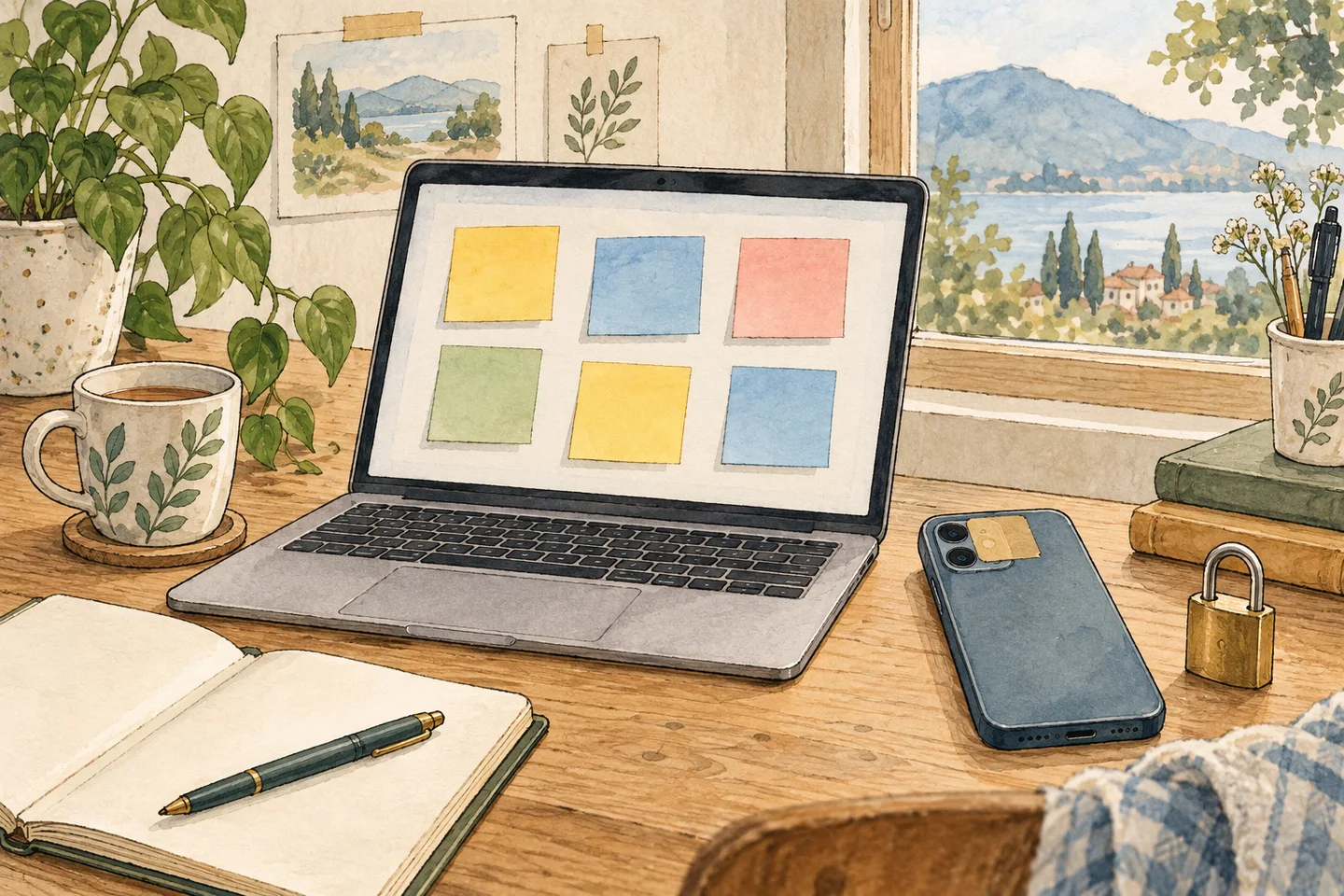 Illustration of a sticky-note app, phone and padlock