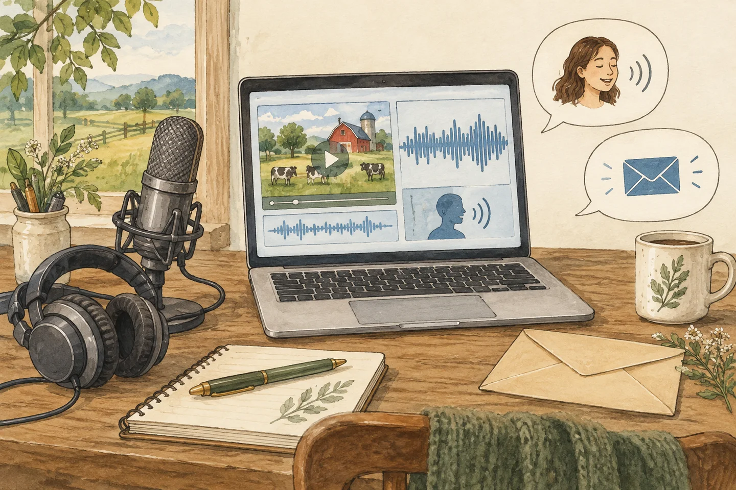 Illustration of a microphone, audio player and envelope