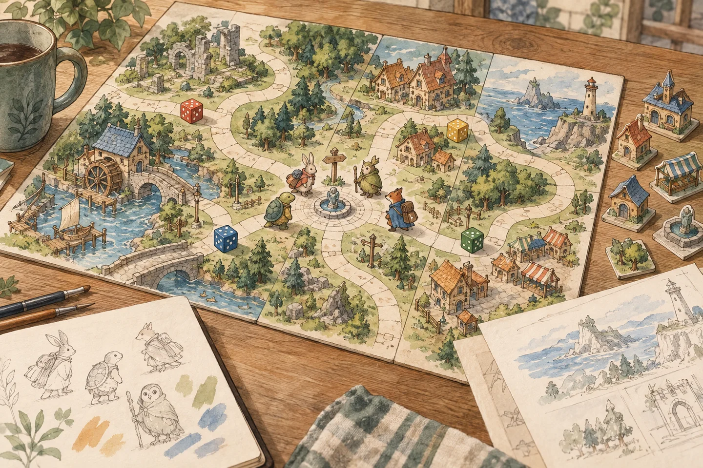 Illustration of a fantasy board game with creatures meeting on shared streets