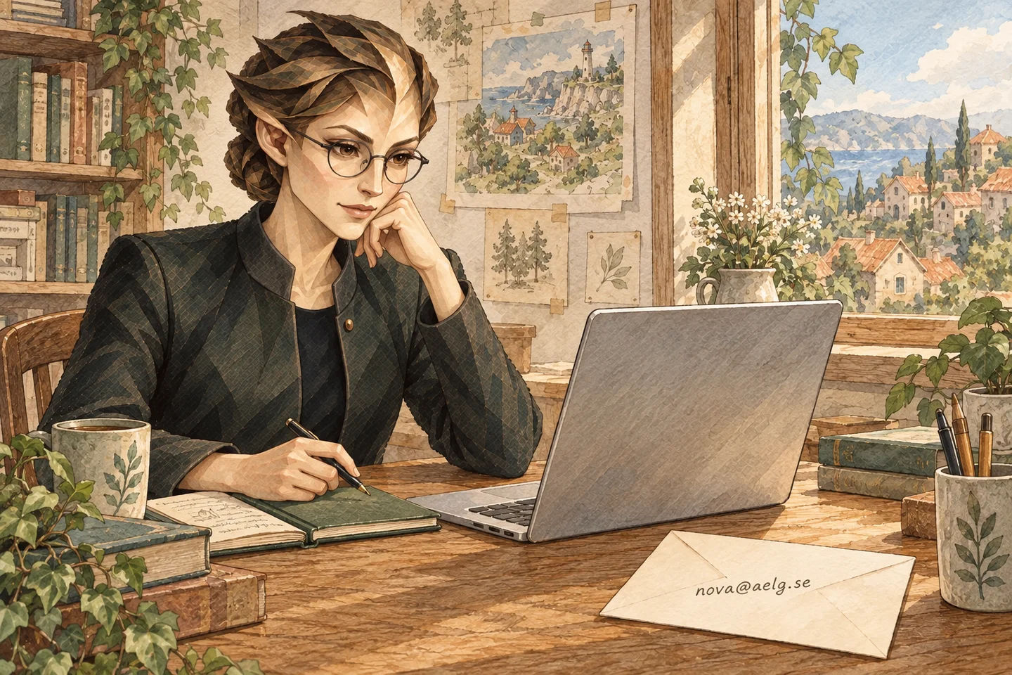 Watercolour illustration of Nova at a wooden desk with a laptop and an envelope addressed from nova@aelg.se