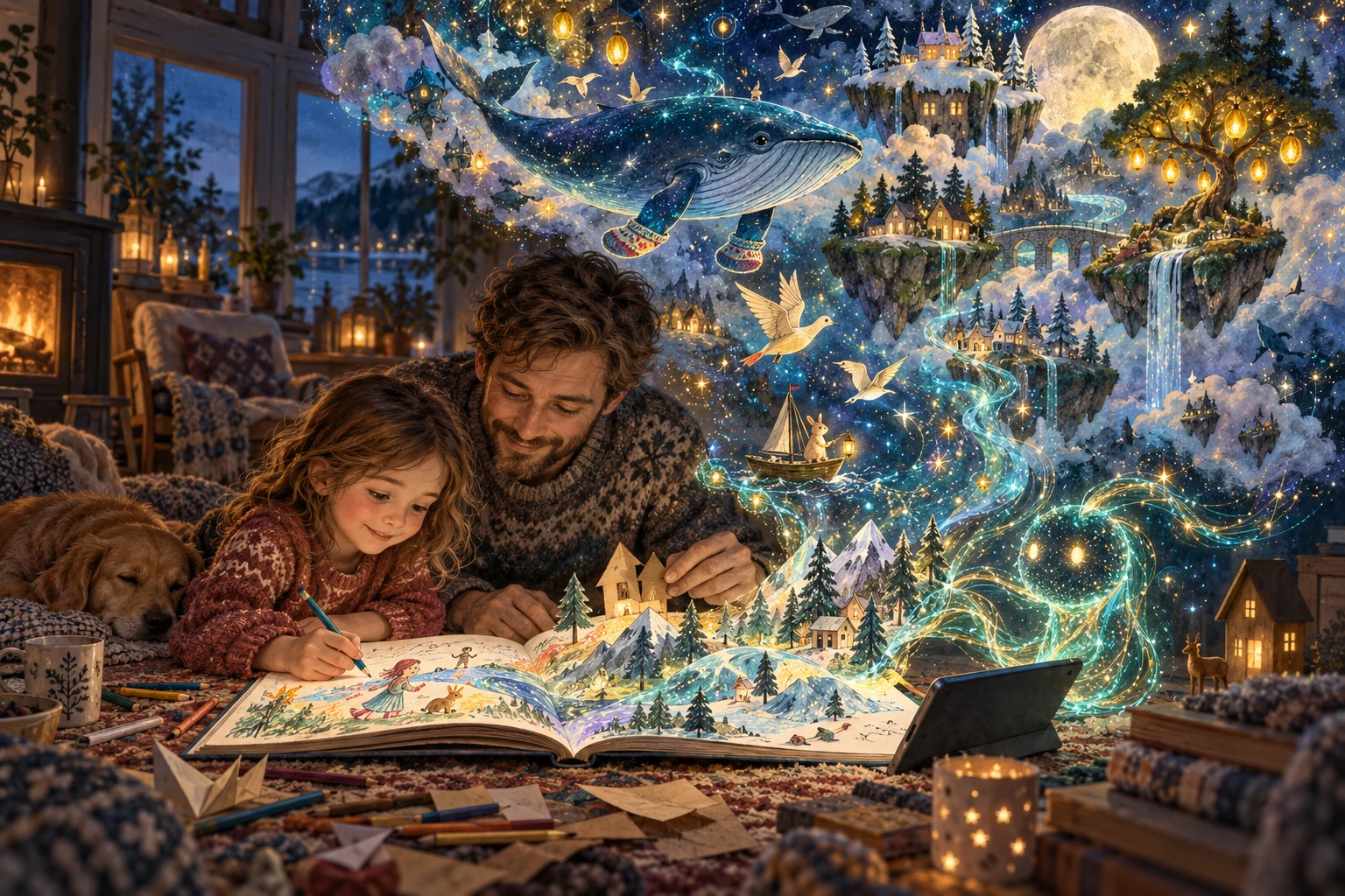 A child and her father draw together as a luminous AI companion helps their sketchbook unfold into a magical world of floating islands, paper birds and a whale in slippers.