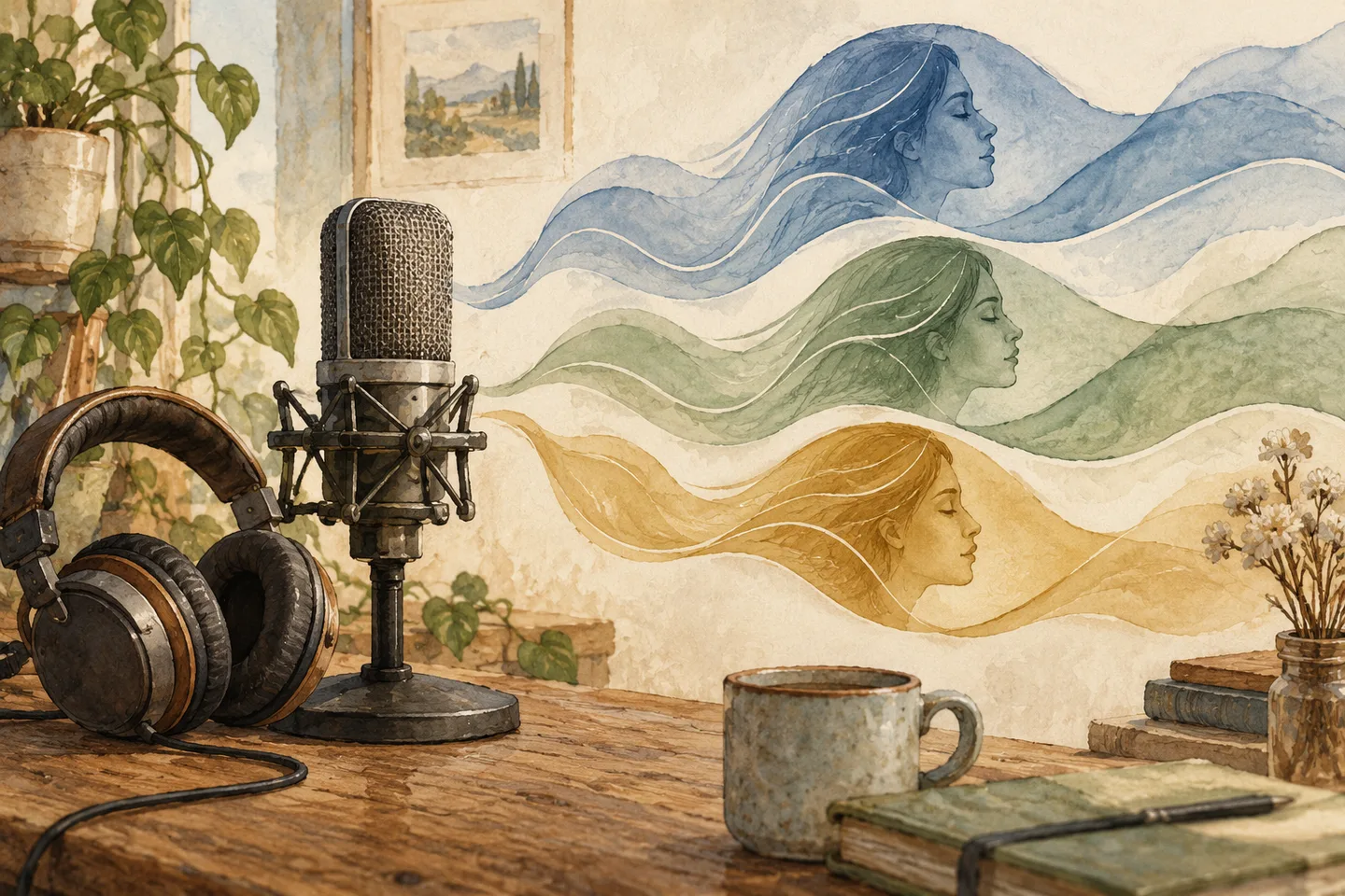 A studio microphone and headphones beside three colored sound ribbons representing generations of a cloned voice.